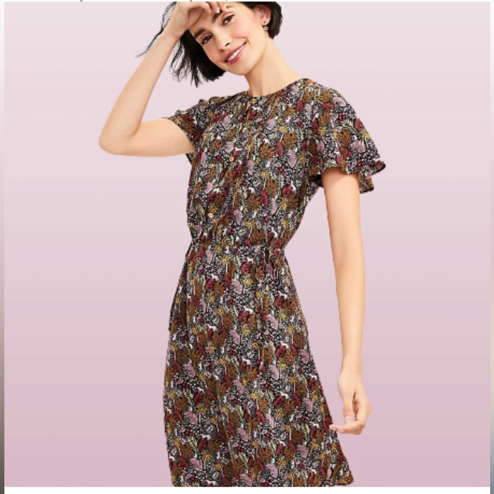 Ann Taylor LOFT Paradise Lost Jungle Safari Dress Pintuck Size Large Brown Pink - Picture 4 of 13